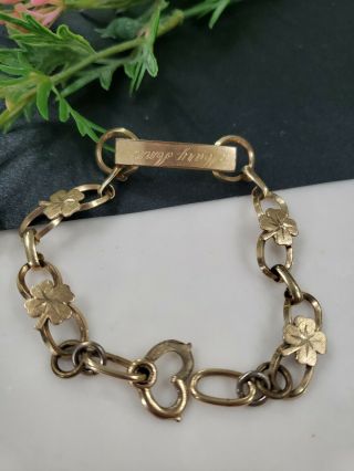 Antique Vintage 12k Gold Filled Engraved Mary Ann Lucky Shamrock Bracelet 7 " L