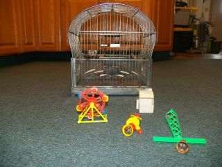 Rare Antique Genykage Bird Cage With Accessories Vintage Wooden Rails,  Toys,  Etc