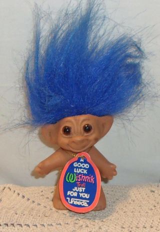 Vintage Good Luck Wishnik Troll Doll With Blue Hair - Uneeda Tag
