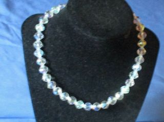 Vintage Silver - Tone Metal Single Strand Aurora Borealis Crystal Bead Necklace