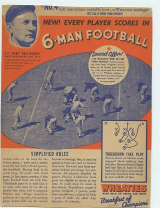 1936 Wheaties 6 Man Football 4 Babe Hollngberry Washington State 6 X 8 Rare
