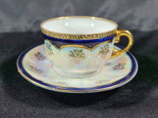 Vintage Tea Cup & Saucer Cobalt Blue Gold And Pearlescent Demitasse T11