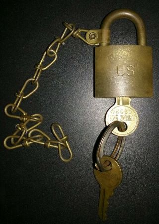 Antique U.  S.  American Padlock With Keys & Chain