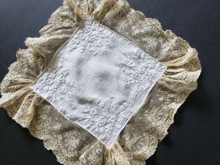 Antique (2) 1900 ' s Fine Cotton & French Lace Fine Wedding Handkerchiefs, 3