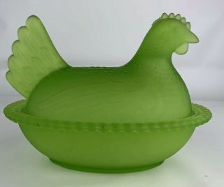 Rare Satin Lime Green Hen On Nest Indiana Glass
