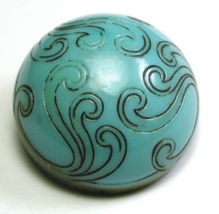 Antique Victorian Glass Button Turquoise Color With Art Nouveau Design - 7/8 "