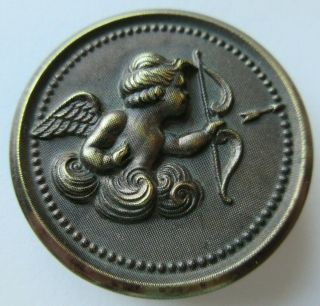 Wonderful Xl Antique Vtg Metal Picture Button Cupid Angel W/ Bow & Arrow (h)