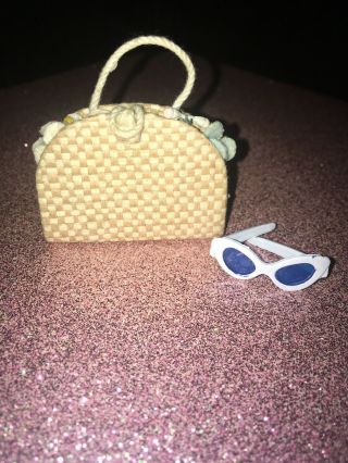 Vintage Barbie Straw - Flower Purse Handbag & Reproduct White Sunglasses Cat Eye
