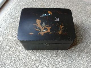 Vintage Black Lacquered Dressing Table Box Inlaid With Mother Of Pearl Motif