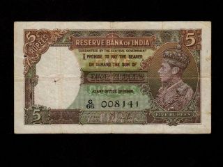 India:p - 18a,  5 Rupees,  1937 King George Vi Rare Vf Nr