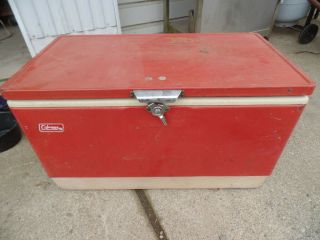 Vintage Rare Size Large Coleman Red Metal Camping Cooler 70’s 28” Ice Chest