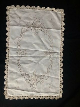 Antique Vintage Lace Table Cloth / Tray Cloth,  Embroidery & Cut Work,  60x38cm,  G/c