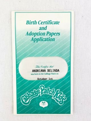Cabbage Patch Kids Birth Certificate Vtg Girl Doll Name Andriana Belinda
