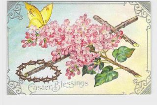 Antique Postcard Easter Religious Cross Butterly Flowers Crown Of Thorns Silver