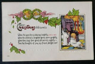 Antique Embossed Postcard Children Waiting For Santa Christmas Wishes P291