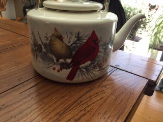RARE LENOX WINTER GREETINGS ENAMEL TEA COFFEE KETTLE RED CARDINAL BIRDS FINCH 2