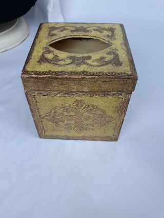 Rare Vintage Italy Gold Florentine Yellow/cream Tissue Box Holder Kleenex Wood