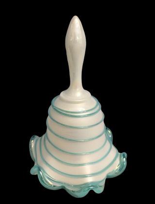 Rare Fenton Bell Ruffled Opalescent Pearl White Vase Aqua Blue Teal Stripes