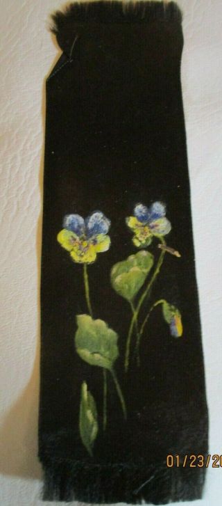 Antique Vintage Black Silk Hand Painted Floral Pansies Ribbon Bookmark