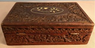 Vintage/antique Hand Carved Wooden Box With Floral Pattern And Inlay Detail