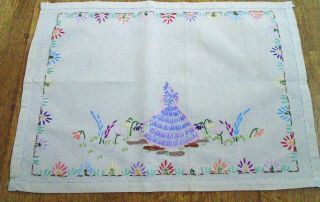 Vintage Linen Tray Cloth With Hand Embroidered Crinoline Lady & Garden