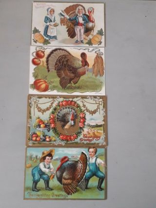 Four Antique Embossed Thanksgiving Postcards,  Children,  Turkeys Fruit & Corn