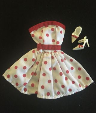 Vintage Barbie Doll Red & White Polka Dot Party Dress W/ Ankle Strap Shoes