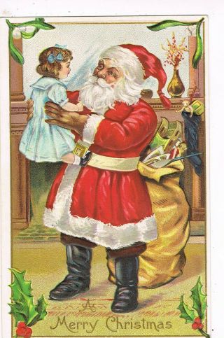 Antique Embossed Christmas Postcard Santa Claus Holding Girl In Air,  Toy Sack