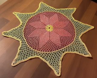 Vintage Pink And Green Hand Crocheted Cotton Large Doily