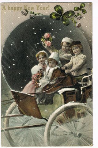 Antique Year Postcard Children In Carriage,  Four - Leaf Clover