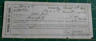 Antique 1898 Cancelled Check National Bank Of Athens Georgia.  Winder Ga On Back.