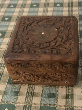 Vintage Hand Carved Wooden Box With Inlaid Flower Design
