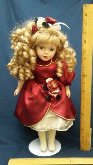 Brass Key Porcelain Doll 16 " Victorian Vintage Red Dress