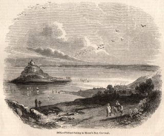 Antique 1845 Print Pilchard Fishing Michaels Mount Marazion Cornwall Penzance