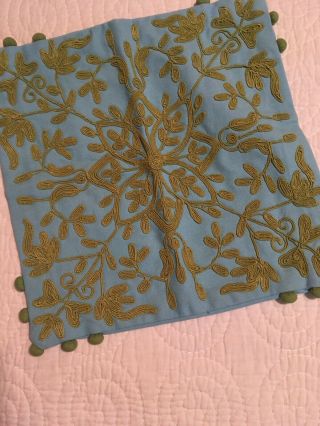 Pottery Barn Floral Crewel Blue Green Pillow Cover 18 " Square Rare