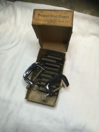 Rare Vintage Box Of 12 Fort Dearborn Pressed Steel C Clamps 1 1/2 " Box