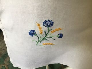Large Vintage White Linen Tablecloth Hand Embroidered Flowers 52”sq 3