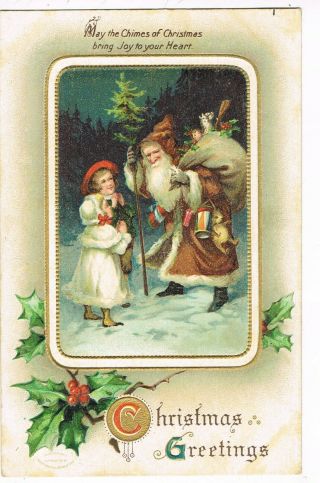 Antique Embossed Christmas Postcard Santa Claus,  Fur - Trimmed Brown Suit.  Girl