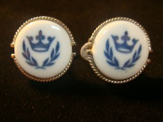 Vintage Royal Copenhagen Blue & White Porcelain Crown Cufflinks 1 "
