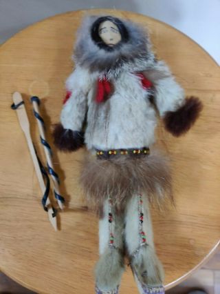 Vintage Inuit Eskimo Doll Native Alaskan Girl Leather Tan Skin Real Fur 11 "