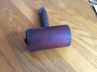 Antique Vintage Rubber Ink Print Roller With A Wooden Handle 2