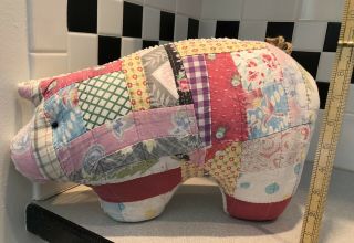 Handmade Shabby Chic Pig Pillow Made From A Colorful Vintage Quilt.