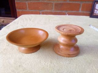 2 Hand Turned Items A Cherry Candle Holder And A Shallow Small Dish