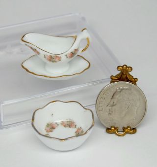 Vintage Reutter Porcelain Rose Gravy Boat & Bowl Dollhouse Miniature 1:12