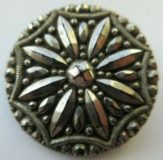 Dazzling Large Antique Vtg Victorian Black Glass Button Silver Luster (s)