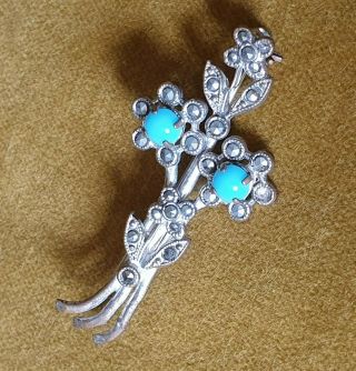 Antique / Vintage Delicate Turquoise And Marcasite Forget - Me - Not Brooch.