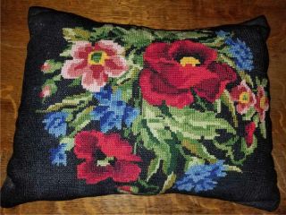 Antique Vintage 16x13 Hand Embroidered Throw Pillow Green Red Blue Pink Floral
