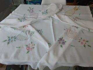Vintage White Cotton With Hand Floral Embroidery Tablecloth - 50 " X 46 "