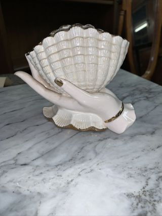 Vintage Porcelain Woman’s Hand Holding Shell Vase With Gold Trim Accents
