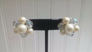 Vintage Silvertone Metal Faux Pearl Ab Crystal Cluster Clip - On Earrings